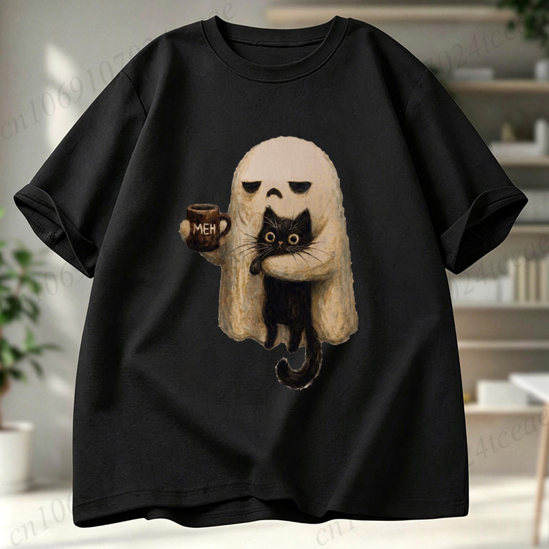 Men Accessories Aesthetic - Koszulka Ghost-Cat Straszny Czarny Kot Estetyczna